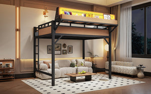 English Elm Full Size Metal Loft Bed with Pegboard Shelves USB Charging and LED Strip Lighting W5316S00042