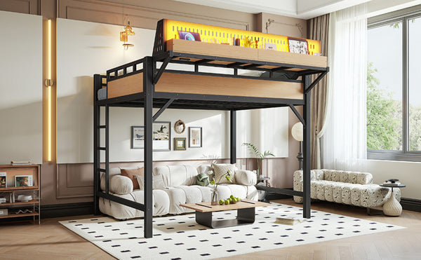 English Elm Full Size Metal Loft Bed with Pegboard Shelves USB Charging and LED Strip Lighting W5316S00042