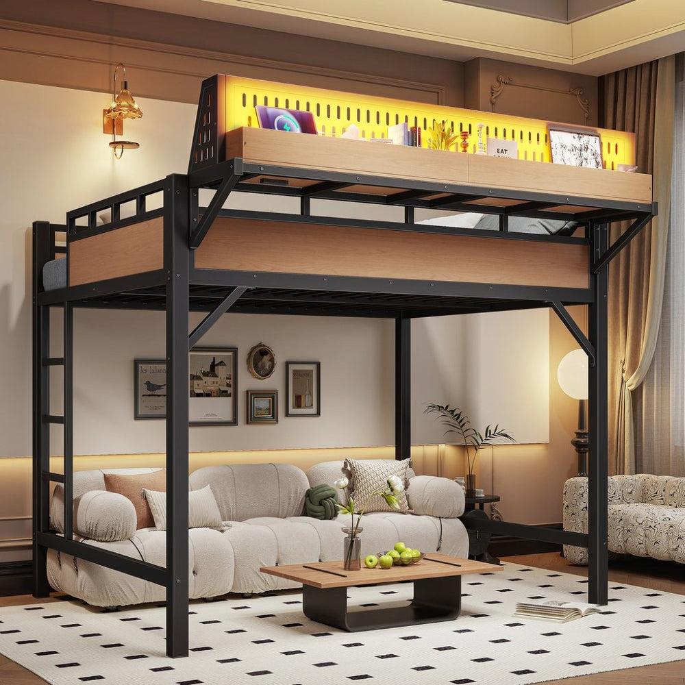 English Elm Full Size Metal Loft Bed with Pegboard Shelves USB Charging and LED Strip Lighting W5316S00042
