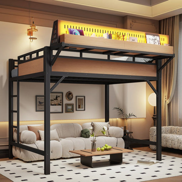 English Elm Full Size Metal Loft Bed with Pegboard Shelves USB Charging and LED Strip Lighting W5316S00042