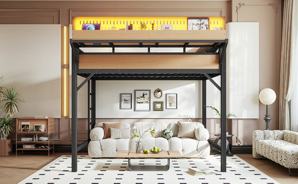 English Elm Full Size Metal Loft Bed with Pegboard Shelves USB Charging and LED Strip Lighting W5316S00042