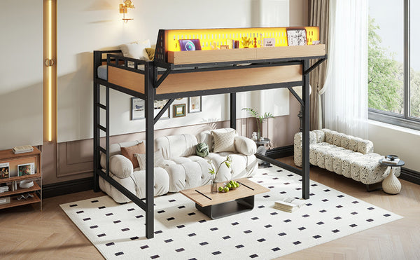 English Elm Full Size Metal Loft Bed with Pegboard Shelves USB Charging and LED Strip Lighting W5316S00042