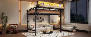 English Elm Full Size Metal Loft Bed with Pegboard Shelves USB Charging and LED Strip Lighting W5316S00042
