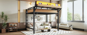 English Elm Full Size Metal Loft Bed with Pegboard Shelves USB Charging and LED Strip Lighting W5316S00042