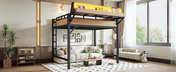 English Elm Full Size Metal Loft Bed with Pegboard Shelves USB Charging and LED Strip Lighting W5316S00042