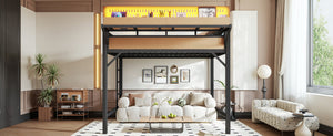 English Elm Full Size Metal Loft Bed with Pegboard Shelves USB Charging and LED Strip Lighting W5316S00042