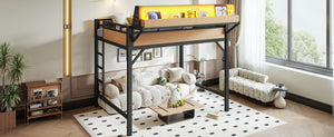 English Elm Full Size Metal Loft Bed with Pegboard Shelves USB Charging and LED Strip Lighting W5316S00042
