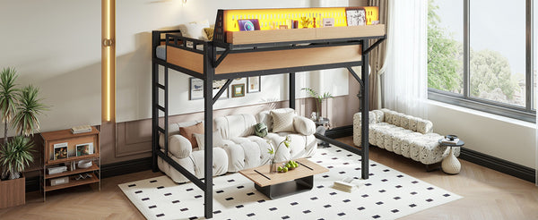 English Elm Full Size Metal Loft Bed with Pegboard Shelves USB Charging and LED Strip Lighting W5316S00042