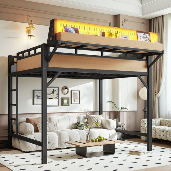 English Elm Full Size Metal Loft Bed with Pegboard Shelves USB Charging and LED Strip Lighting W5316S00042