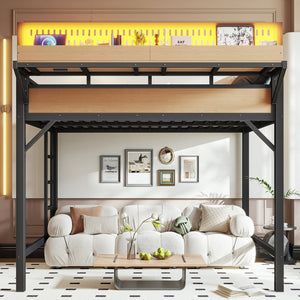 English Elm Full Size Metal Loft Bed with Pegboard Shelves USB Charging and LED Strip Lighting W5316S00042