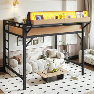 English Elm Full Size Metal Loft Bed with Pegboard Shelves USB Charging and LED Strip Lighting W5316S00042