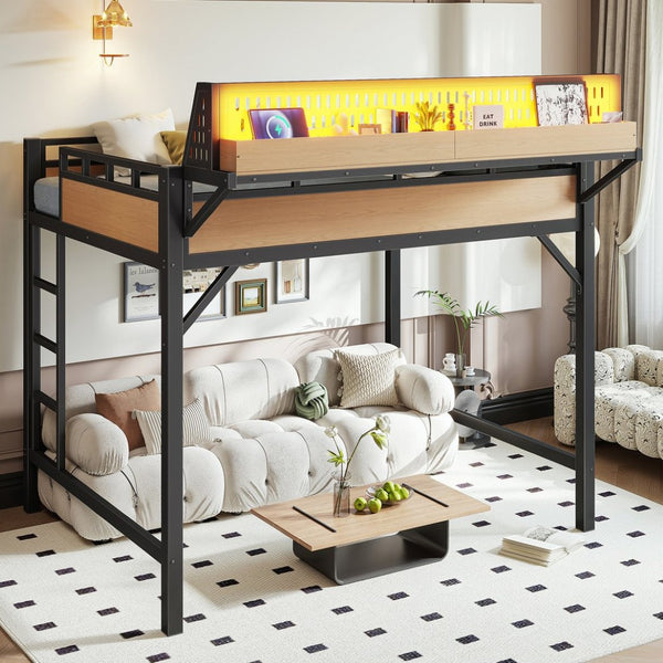 English Elm Full Size Metal Loft Bed with Pegboard Shelves USB Charging and LED Strip Lighting W5316S00042