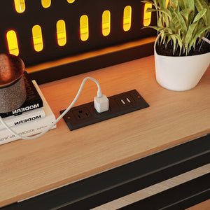 English Elm Full Size Metal Loft Bed with Pegboard Shelves USB Charging and LED Strip Lighting W5316S00042