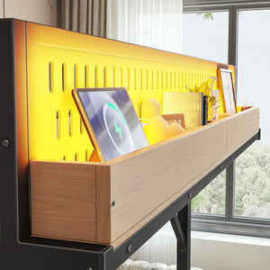 English Elm Full Size Metal Loft Bed with Pegboard Shelves USB Charging and LED Strip Lighting W5316S00042