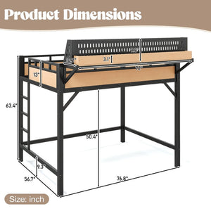 English Elm Full Size Metal Loft Bed with Pegboard Shelves USB Charging and LED Strip Lighting W5316S00042