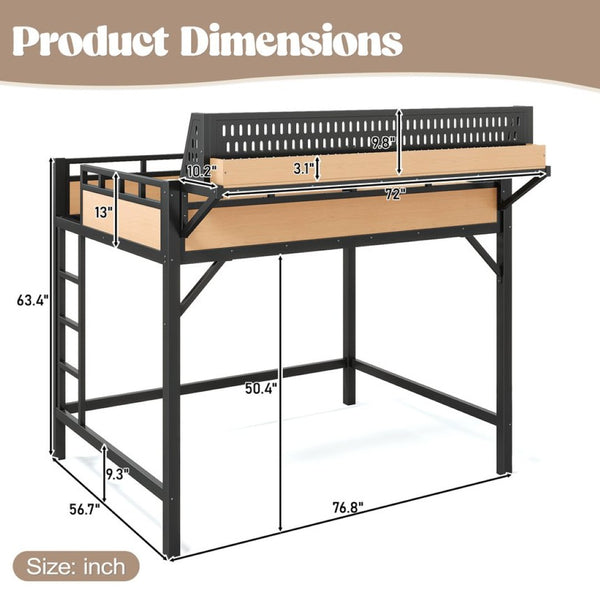English Elm Full Size Metal Loft Bed with Pegboard Shelves USB Charging and LED Strip Lighting W5316S00042
