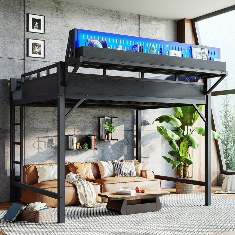 English Elm Queen Metal Loft Bed with Pegboard Storage Shelves USB Charging and LED Lighting Black W5316S00043