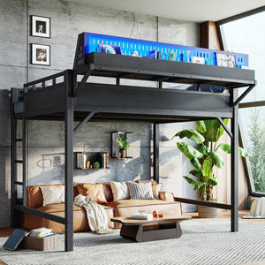 English Elm Queen Metal Loft Bed with Pegboard Storage Shelves USB Charging and LED Lighting Black W5316S00043