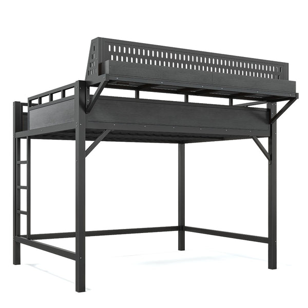 English Elm Queen Metal Loft Bed with Pegboard Storage Shelves USB Charging and LED Lighting Black W5316S00043