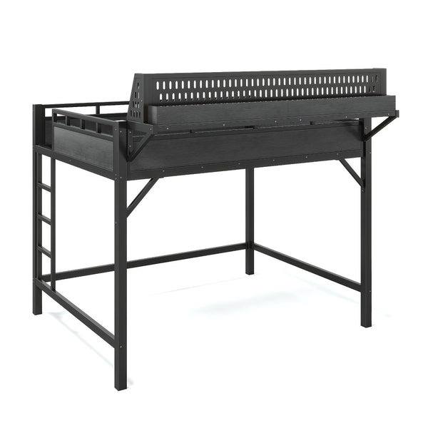 English Elm Queen Metal Loft Bed with Pegboard Storage Shelves USB Charging and LED Lighting Black W5316S00043