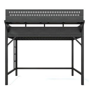 English Elm Queen Metal Loft Bed with Pegboard Storage Shelves USB Charging and LED Lighting Black W5316S00043
