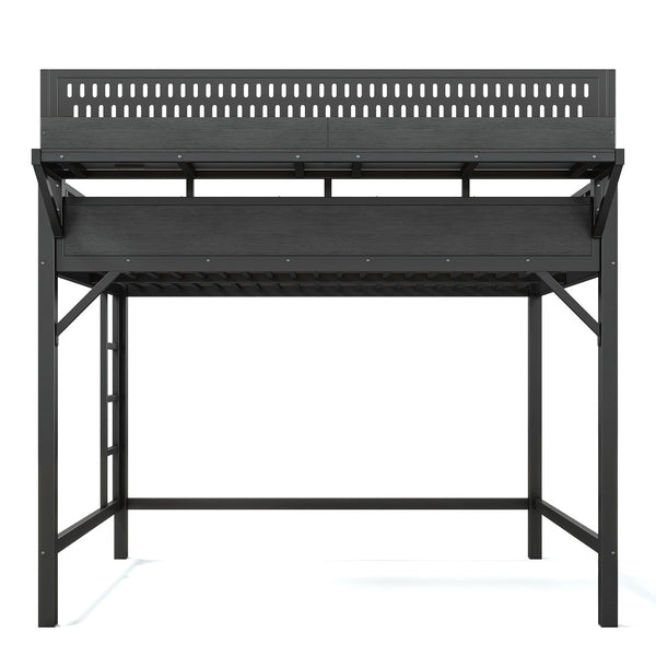English Elm Queen Metal Loft Bed with Pegboard Storage Shelves USB Charging and LED Lighting Black W5316S00043
