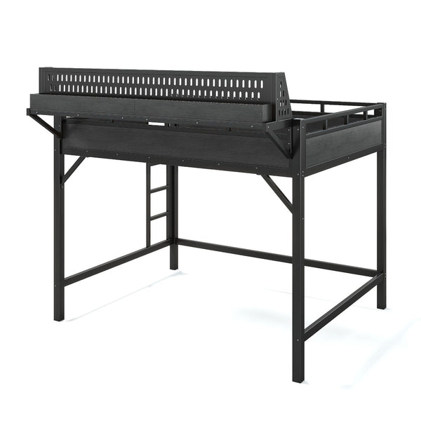 English Elm Queen Metal Loft Bed with Pegboard Storage Shelves USB Charging and LED Lighting Black W5316S00043