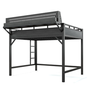 English Elm Queen Metal Loft Bed with Pegboard Storage Shelves USB Charging and LED Lighting Black W5316S00043