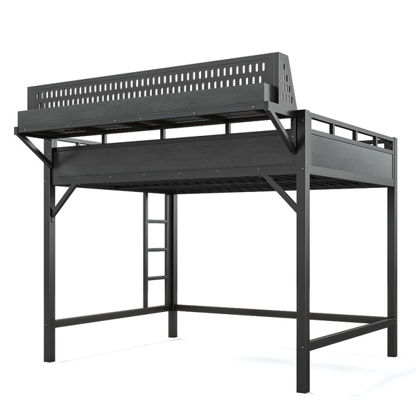 English Elm Queen Metal Loft Bed with Pegboard Storage Shelves USB Charging and LED Lighting Black W5316S00043