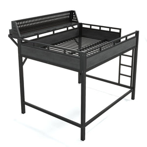 English Elm Queen Metal Loft Bed with Pegboard Storage Shelves USB Charging and LED Lighting Black W5316S00043
