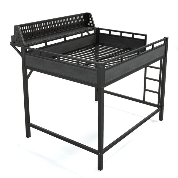 English Elm Queen Metal Loft Bed with Pegboard Storage Shelves USB Charging and LED Lighting Black W5316S00043