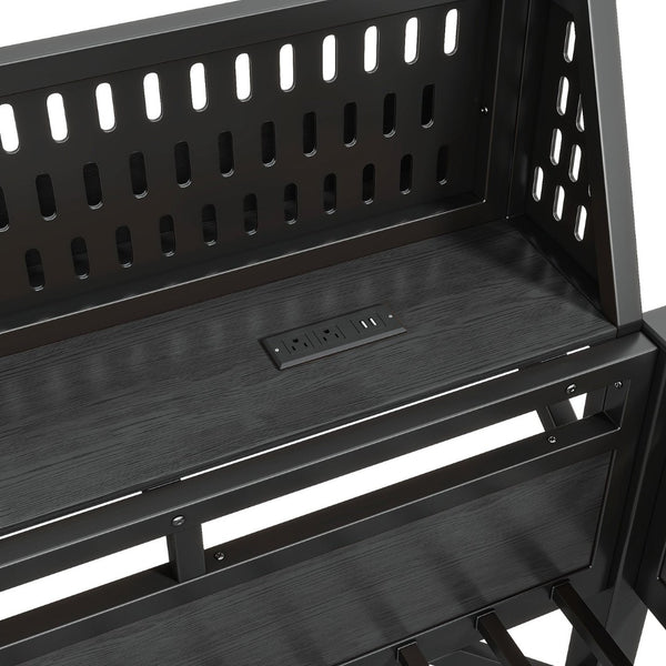 English Elm Queen Metal Loft Bed with Pegboard Storage Shelves USB Charging and LED Lighting Black W5316S00043