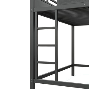 English Elm Queen Metal Loft Bed with Pegboard Storage Shelves USB Charging and LED Lighting Black W5316S00043