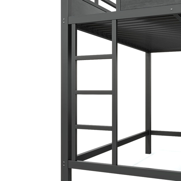 English Elm Queen Metal Loft Bed with Pegboard Storage Shelves USB Charging and LED Lighting Black W5316S00043