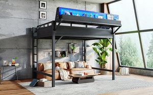 English Elm Queen Metal Loft Bed with Pegboard Storage Shelves USB Charging and LED Lighting Black W5316S00043