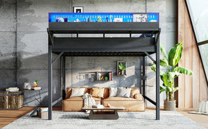 English Elm Queen Metal Loft Bed with Pegboard Storage Shelves USB Charging and LED Lighting Black W5316S00043