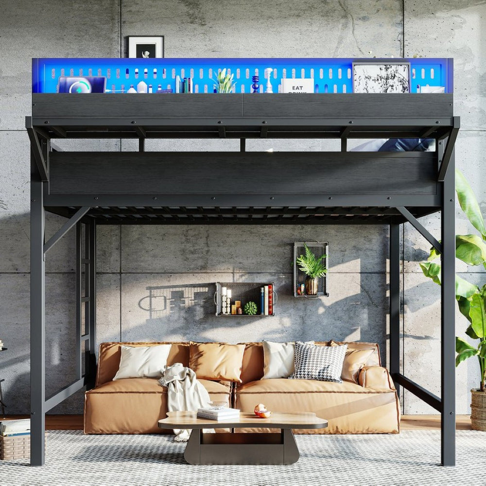 English Elm Queen Metal Loft Bed with Pegboard Storage Shelves USB Charging and LED Lighting Black W5316S00043