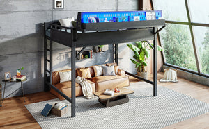 English Elm Queen Metal Loft Bed with Pegboard Storage Shelves USB Charging and LED Lighting Black W5316S00043