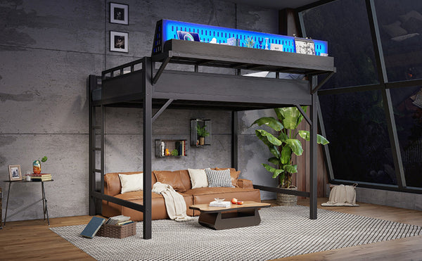 English Elm Queen Metal Loft Bed with Pegboard Storage Shelves USB Charging and LED Lighting Black W5316S00043