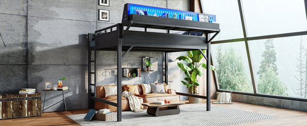 English Elm Queen Metal Loft Bed with Pegboard Storage Shelves USB Charging and LED Lighting Black W5316S00043