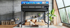 English Elm Queen Metal Loft Bed with Pegboard Storage Shelves USB Charging and LED Lighting Black W5316S00043