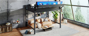 English Elm Queen Metal Loft Bed with Pegboard Storage Shelves USB Charging and LED Lighting Black W5316S00043