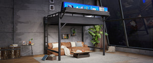 English Elm Queen Metal Loft Bed with Pegboard Storage Shelves USB Charging and LED Lighting Black W5316S00043