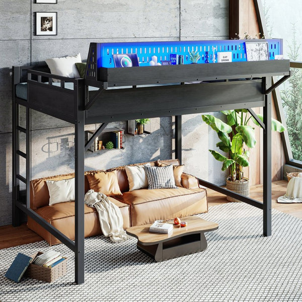 English Elm Queen Metal Loft Bed with Pegboard Storage Shelves USB Charging and LED Lighting Black W5316S00043