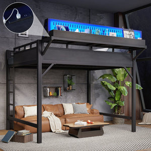 English Elm Queen Metal Loft Bed with Pegboard Storage Shelves USB Charging and LED Lighting Black W5316S00043