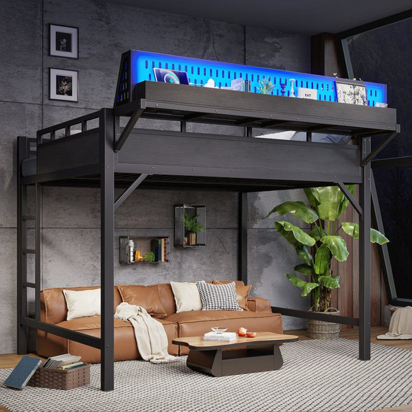 English Elm Queen Metal Loft Bed with Pegboard Storage Shelves USB Charging and LED Lighting Black W5316S00043
