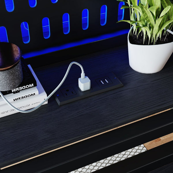 English Elm Queen Metal Loft Bed with Pegboard Storage Shelves USB Charging and LED Lighting Black W5316S00043