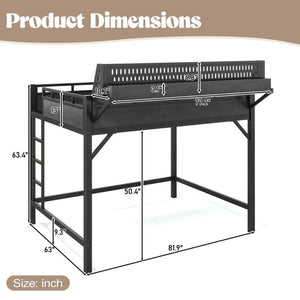 English Elm Queen Metal Loft Bed with Pegboard Storage Shelves USB Charging and LED Lighting Black W5316S00043