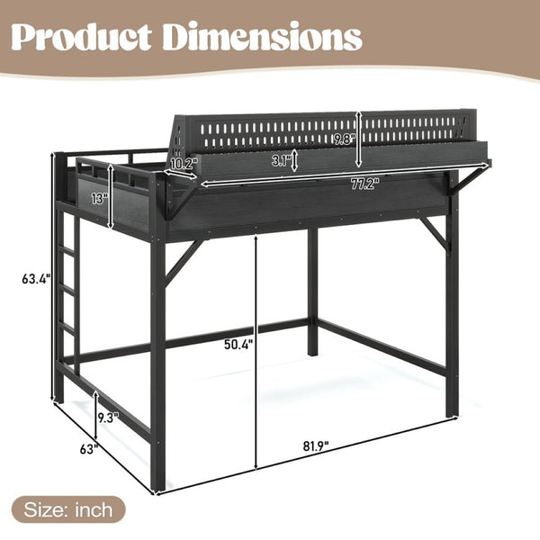 English Elm Queen Metal Loft Bed with Pegboard Storage Shelves USB Charging and LED Lighting Black W5316S00043