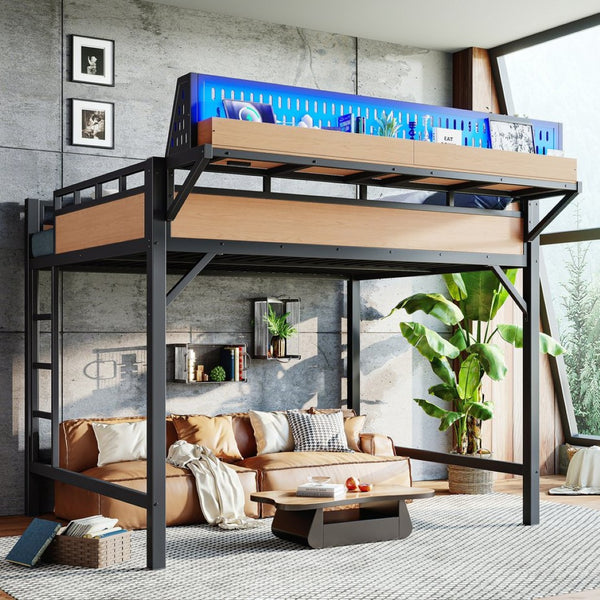 English Elm Queen Metal Loft Bed with Pegboard Storage Shelves USB Charging and LED Lighting Natural W5316S00044